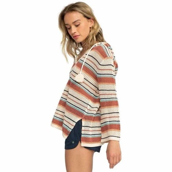 Roxy Striped V-Neck Hooded Knit Sweater with Tassel Ties - Cream & Rust - Picture 3 of 7